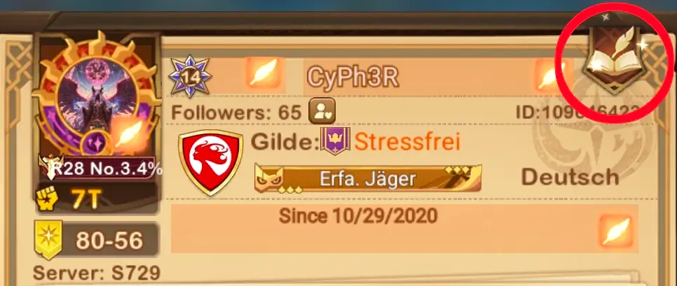 Detail of a player profile. The edit icon in the top right corner, which only appears on your own profile, is highlighted.